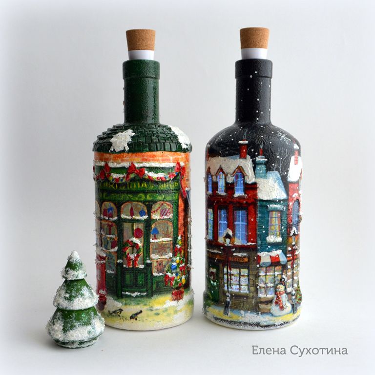 Бутылка домики декупажа Бутылка домики декупажа