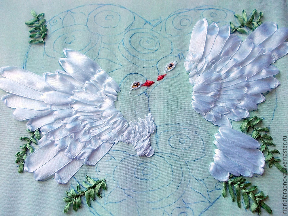 «Вместе навсегда» вышиваем голубков атласными лентами, фото № 18