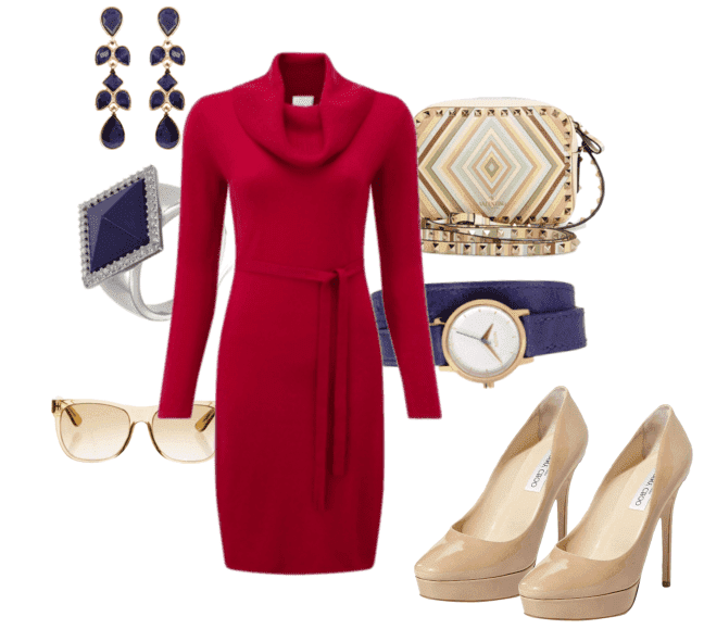 Красное платье и бордовые туфли