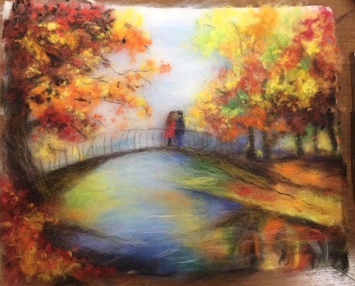 шерстяная живопись пейзажи. картины из шерсти. шерстяная осень. шерстяная осень. осенние пейзажи из шерсти.