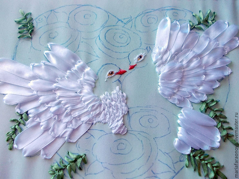 «Вместе навсегда» вышиваем голубков атласными лентами, фото № 19