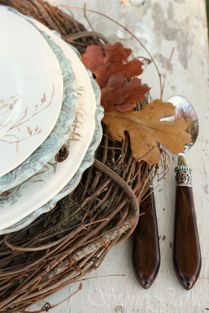 fall table setting with vine wreaths