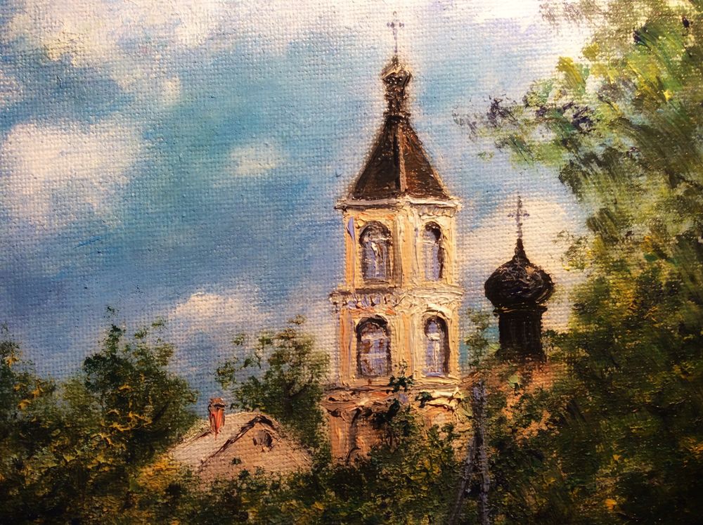 Картина колокольни. Картина Церковь Успения Калуга. Колокольня живопись.