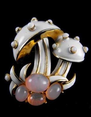 Crown Trifari Brooch - Creamy Enamels, Lucite Moonglow and Gold Fill Mushrooms