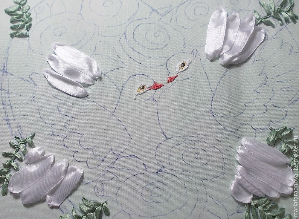 «Вместе навсегда» вышиваем голубков атласными лентами, фото № 10