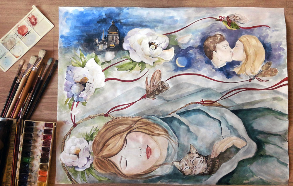 картина акварелью, котики, пара картина акварелью, котики, пара