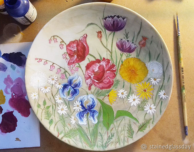 Рисуем полевые цветы на тарелке, фото № 8
