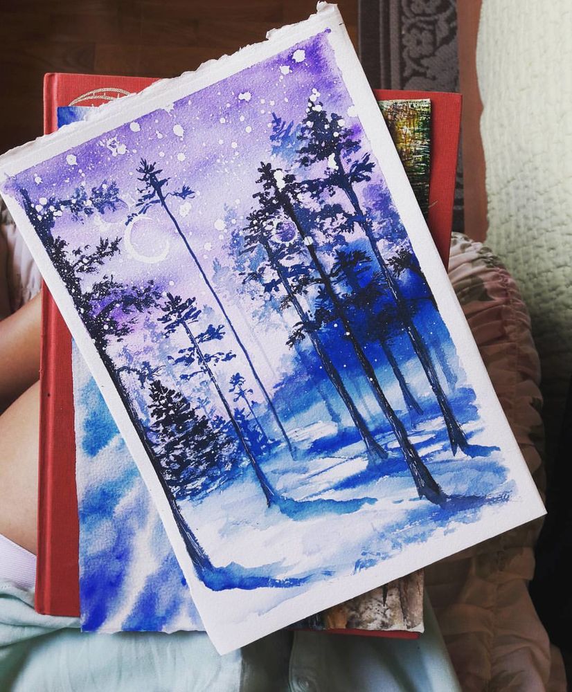 Рисуем открытки на новый год акварелью, неба