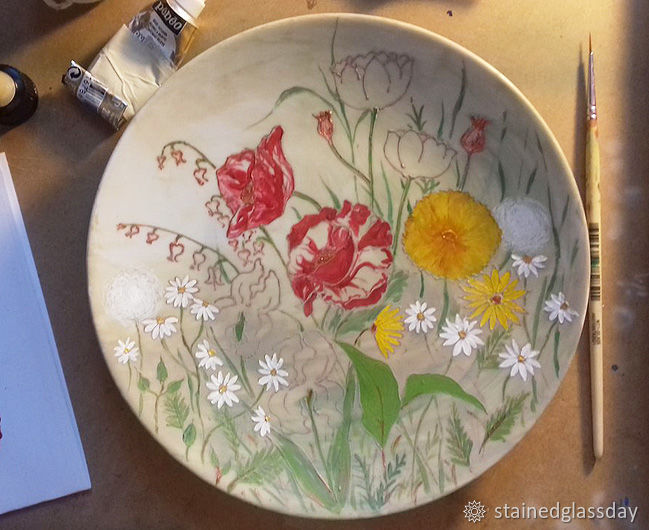 Рисуем полевые цветы на тарелке, фото № 6