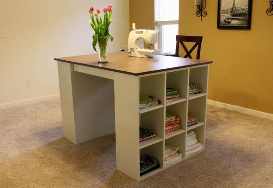 Corner sewing store table with storage